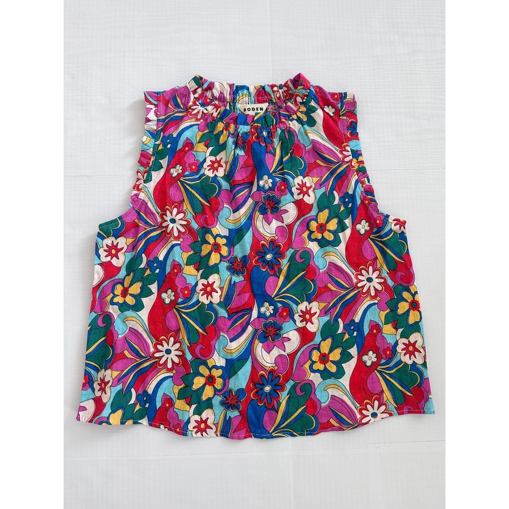 Boden Floral Sleeveless Top Womens 8 Medium Ruffle Neck Linen Retro 70s